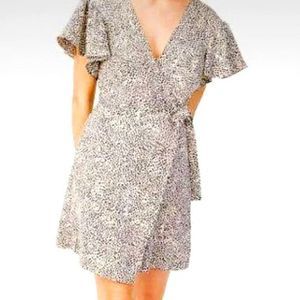 Club Monaco Geovanna Wrap Dress 6 Mini Leopard Print Flutter Sleeve Suze…